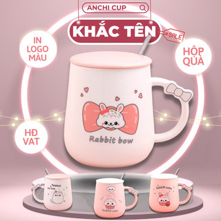 Cốc sứ THỎ ĐEO NƠ, KHẮC TÊN THEO YÊU CẦU, ly sứ đẹp CÓ NẮP và THÌA, dung tích 400ml, HỘP QUÀ TẶNG