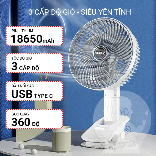(có sẵn)Quạt sạc tích điện cánh quạt lớn 3 cấp độ gió(để bàn,kẹp,treo hoặc cầm tay)