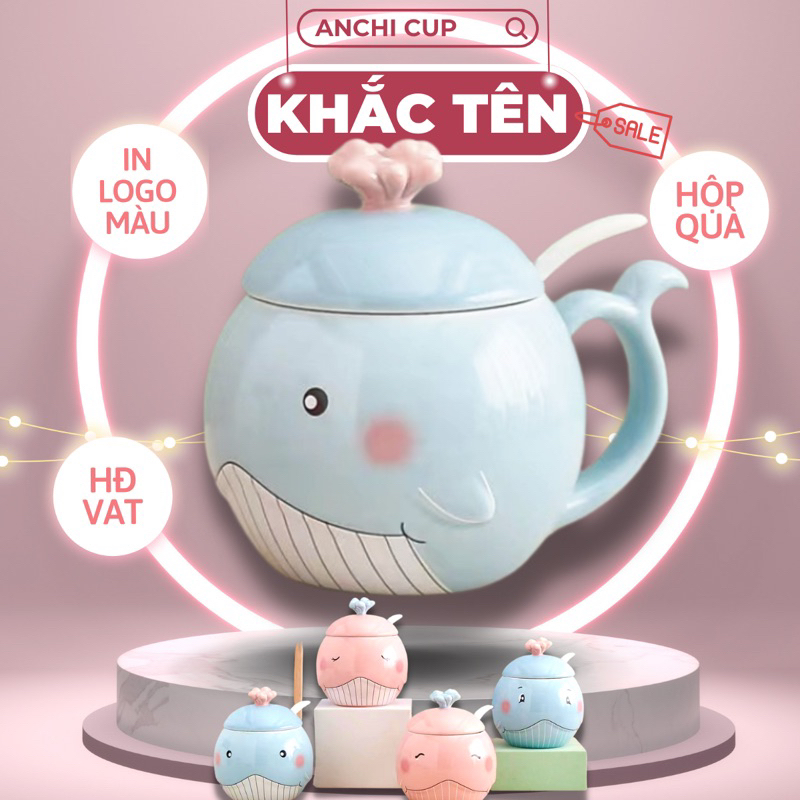 Cốc sứ CÁ VOI - KHẮC TÊN THEO YÊU CẦU thông điệp ý nghĩa, ly sứ CÓ NẮP và THÌA SỨ, dung tích 400ml, HỘP QUÀ TẶNG CUTE