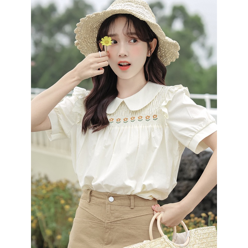 Áo Kiểu Cổ Sen Thêu Hoa Tay Ngắn Hàng Nhập QC mẫu 2 - Jancaroshop