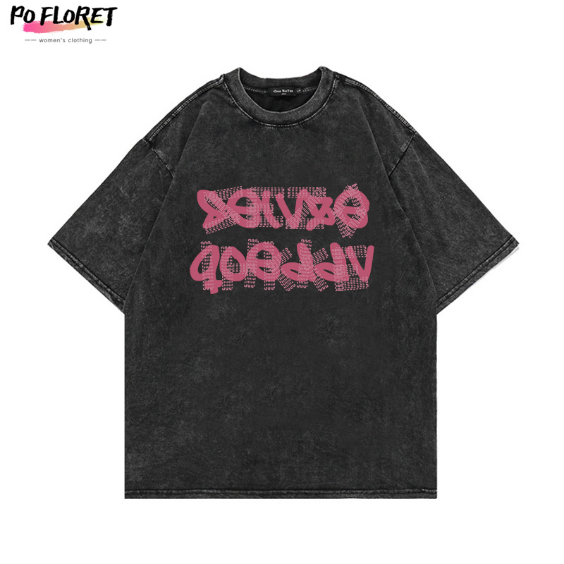 Áo thun unisex POFLORET 100% cotton dáng rộng in họa tiết đơn giản phong cách Mỹ thời trang cổ điển oversize