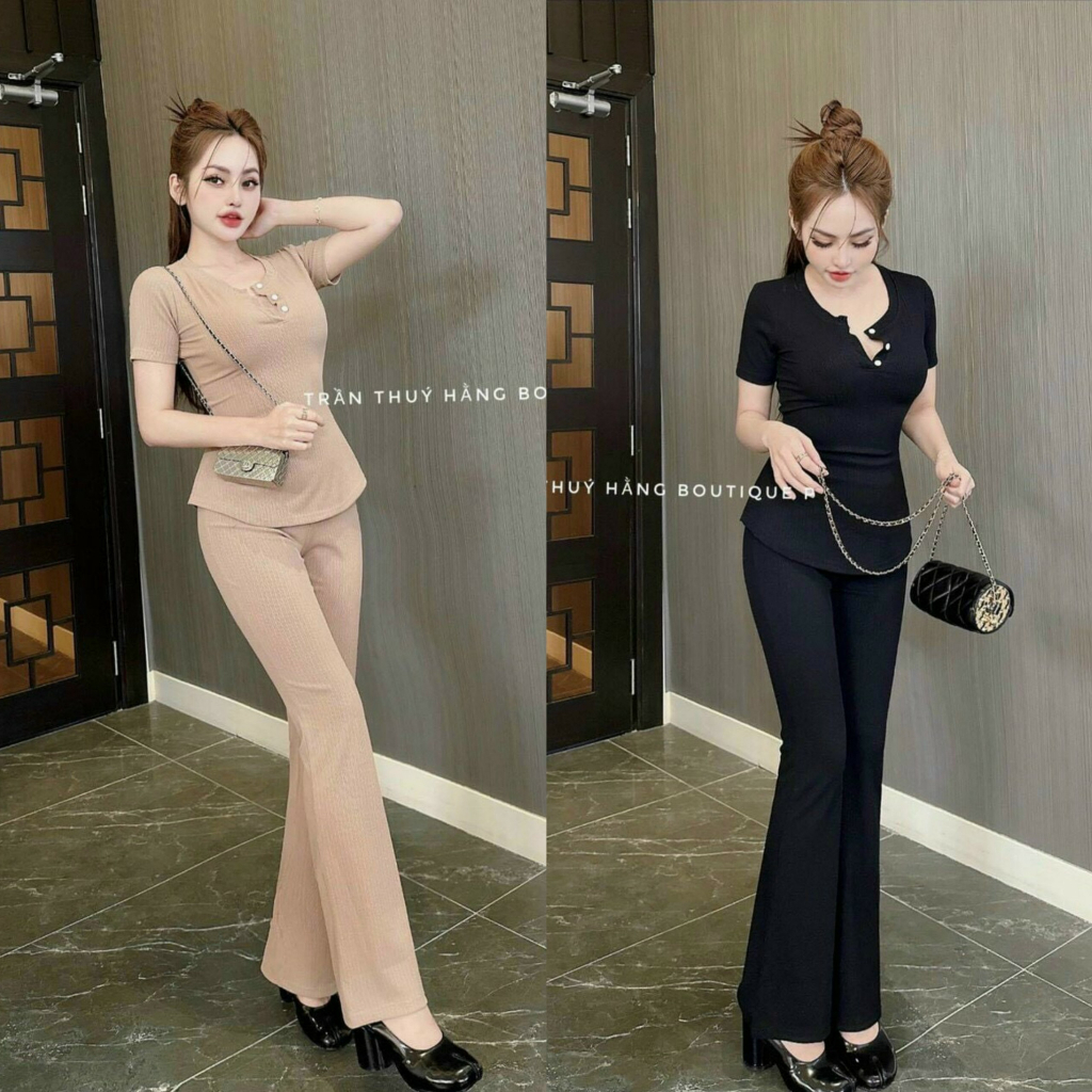 Set bộ thun xốp ngắn tay ôm body kèm ống quần loe tôn dáng cá tính [610]