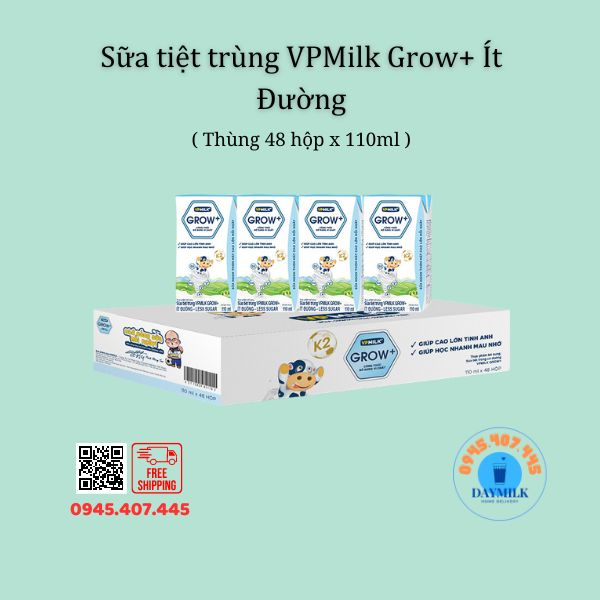 Sữa tiệt trùng VPMilk Grow+ Ít Đường - THÙNG 48 HỘP