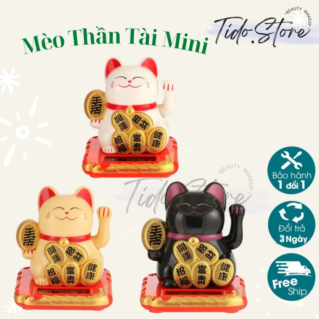 Mèo thần tài mini vẫy tay tự động dùng năng lượng mặt trời, Mèo may mắn Maneki Neko nhỏ gọn màu sắc tươi tắn