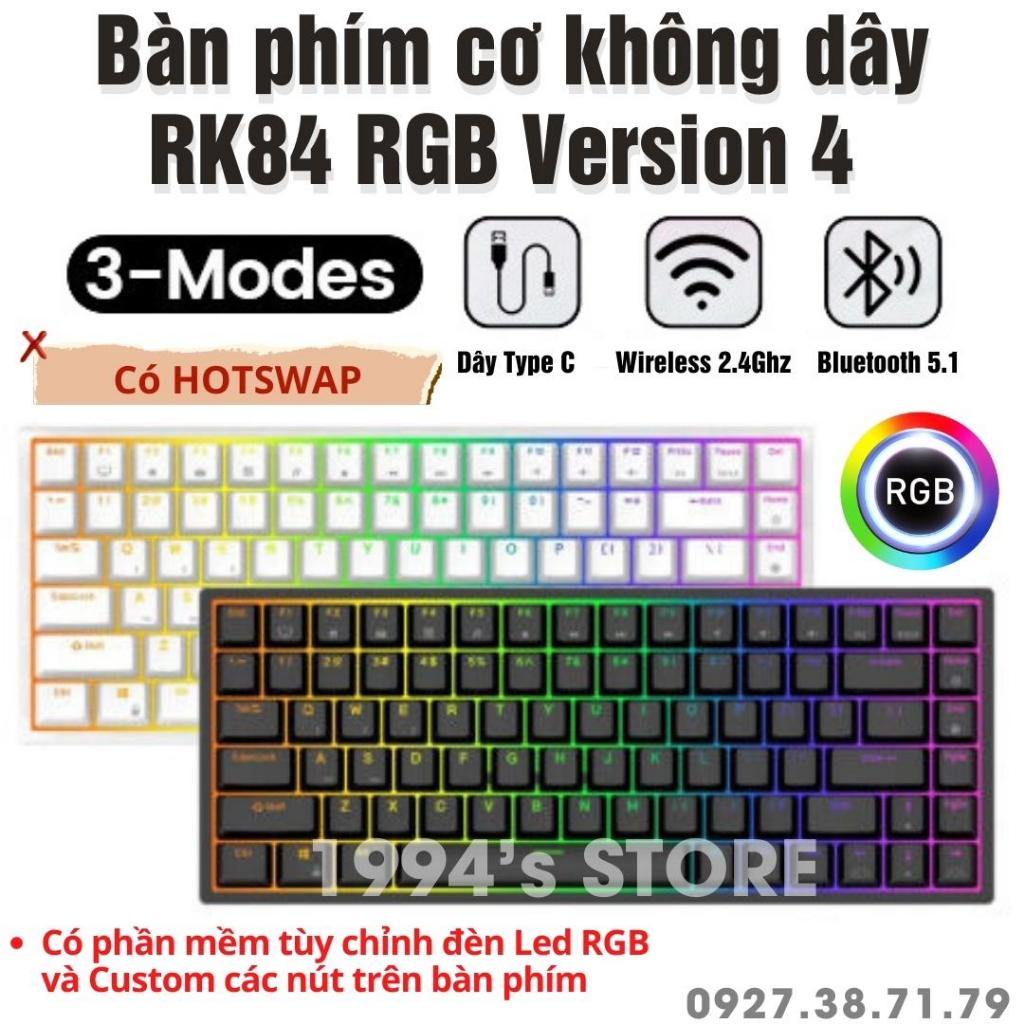 FREESHIP RK84 VERSION 4.0 HOTSWAP - Bàn phím cơ RK84 Led RGB Wireless 2.4G + Bluetooth 5.1 + Có dây Type C+ Hotswap