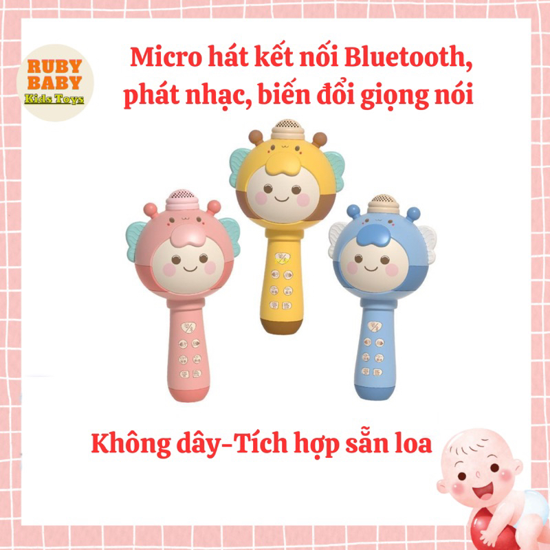 (Sỉ) Micro cho bé hát karaoke kết nối Bluetooth, phát nhạc, có đèn, thay đổi giọng nói, tích hợp loa không dây