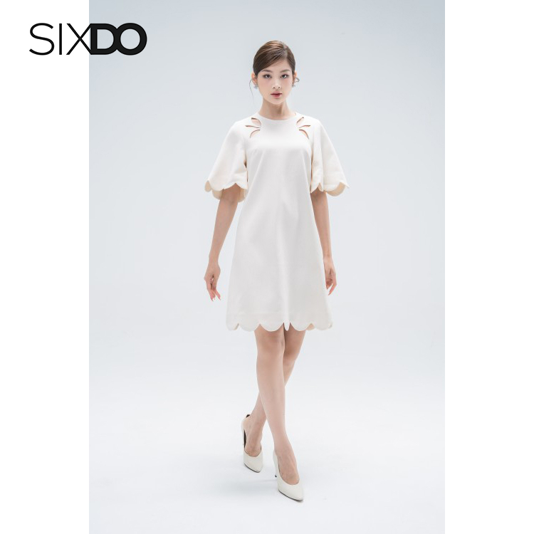 Đầm suông ngắn tay khoét vai tạo kiểu thời trang SIXDO (Cream Short Sleeves Mini Raw Dress)
