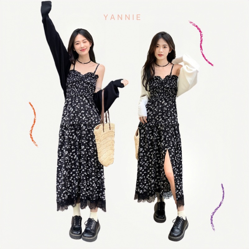 Váy đầm maxi hai dây hoa nhí dáng dài phối ren ôm eo chun lưng mùa hè đi biển du lịch ulzzang Hàn Quốc Yannie
