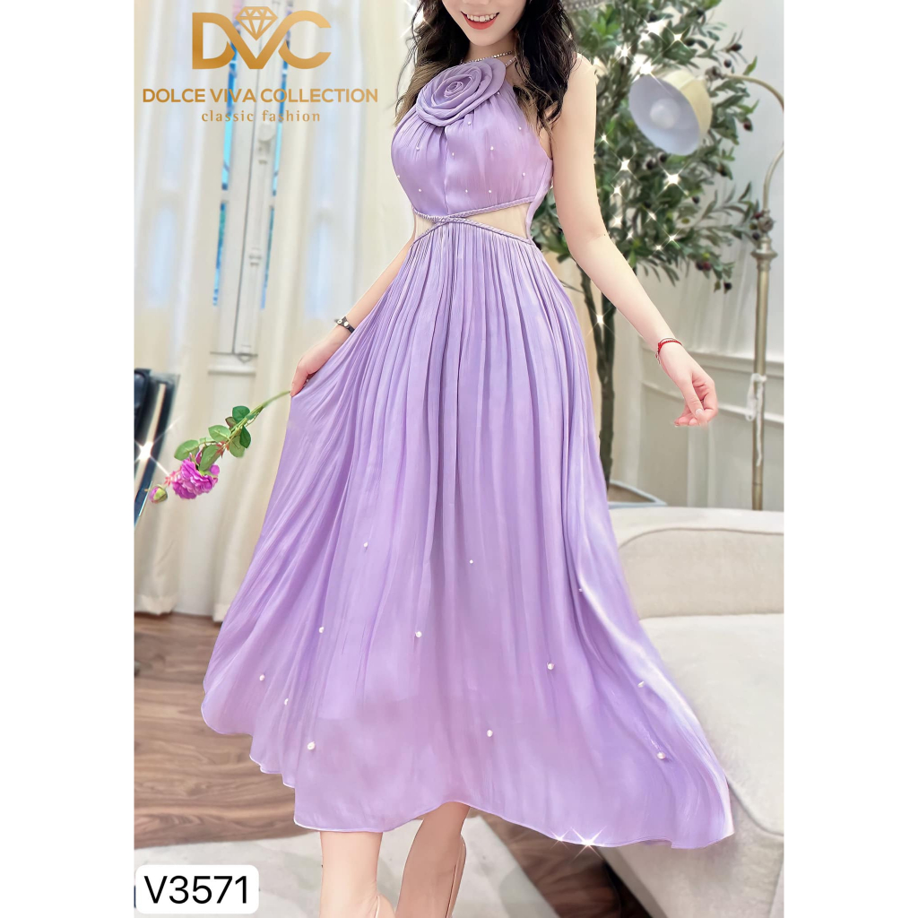 VÁY MIXI CỔ YẾM ĐÍNH HOA CHẤT LỤA MỀM V3571 - DVC