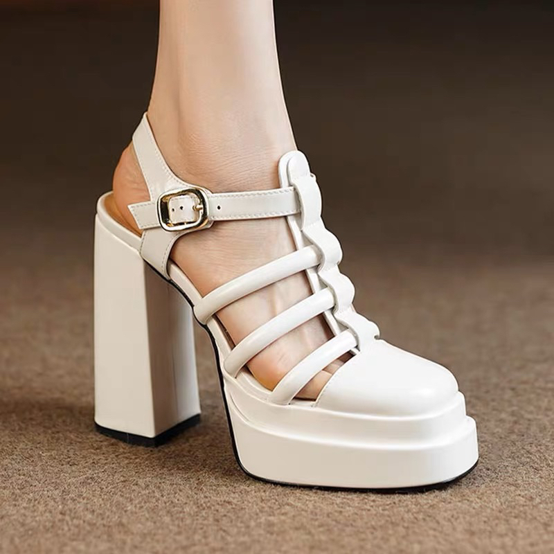 ORDER 🌸 Giày da bóng quai dây đan bít mũi  đế đúp gót trụ 13cm 34-39