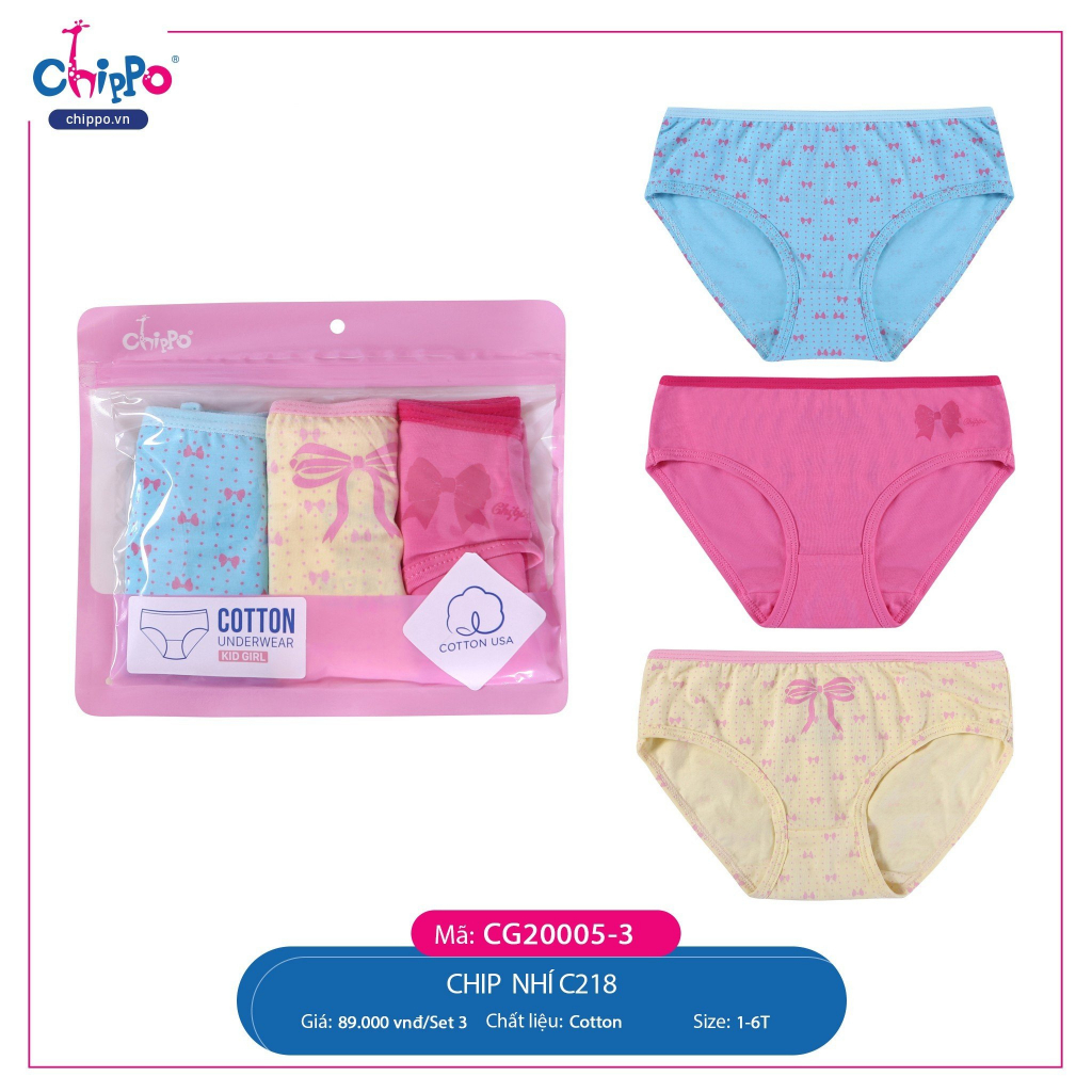 Set 3 quần chip chéo bé gái Chippo 100% cotton từ 10 đến 42kg