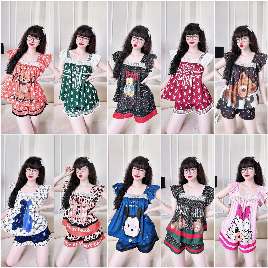 Bộ đồ ngủ nữ cao cấp ngắn tay họa tiết 3D chất liệu lụa xước mềm mại, thoáng mát, thoải mái khi mặc ngủ s838