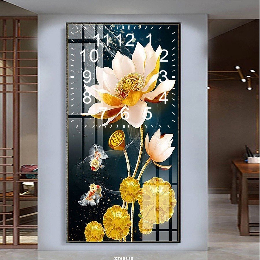 Tranh đồng hồ treo tường tráng gương hoa sen vàng tặng pin và đinh 3 chân