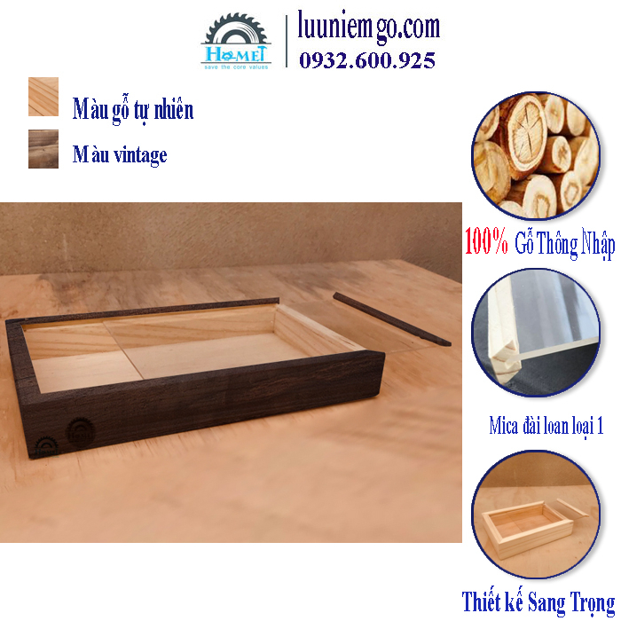 Hộp Gỗ Nắp Trượt Mica Đài Loan Cao 13cm. Nhiều Size  Gỗ Thông Nhập. Nắp Trượt Đẹp, Sang Trọng.