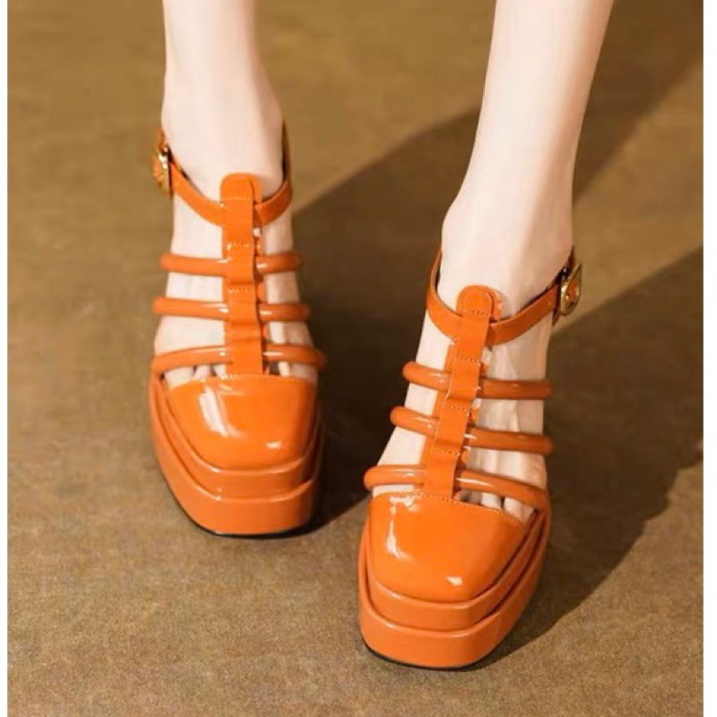 ORDER 🌸 Giày da bóng quai dây đan bít mũi  đế đúp gót trụ 13cm 34-39