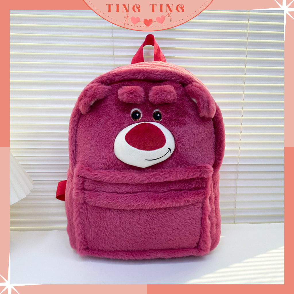 Balo gấu dâu size lớn lông mịn cao cấp, Balo đeo vai đi học Lotso dễ thương _ TingTing