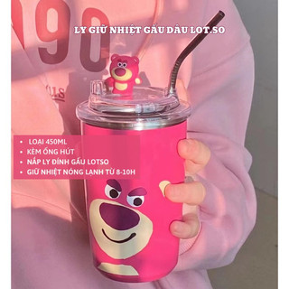  Ly Giữ Nhiệt Gấu Dâu LOTSO 450ml Cốc Giữ Nhiệt Gấu Hồng Kèm Ống Hút Inox Xinh Xắn Lõi INOX 304 Chống Gỉ 