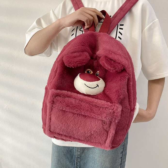 Balo gấu dâu size lớn lông mịn cao cấp, Balo đeo vai đi học Lotso dễ thương _ TingTing