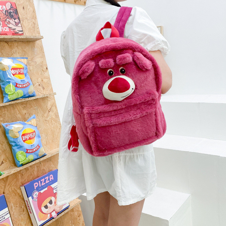 Balo gấu dâu size lớn lông mịn cao cấp, Balo đeo vai đi học Lotso dễ thương _ TingTing