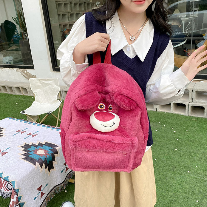 Balo gấu dâu size lớn lông mịn cao cấp, Balo đeo vai đi học Lotso dễ thương _ TingTing