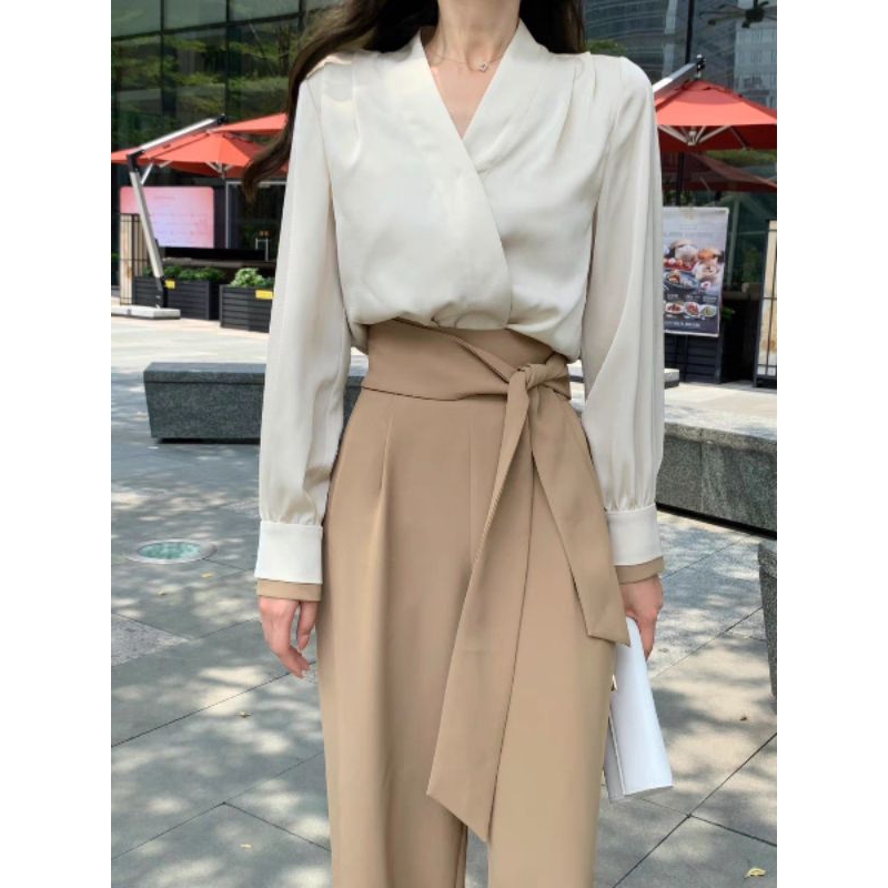 Set đồ công sở mùa hè Áo sơ mi vest + Quần vải suông thắt nơ siêu xinh cho các chị em