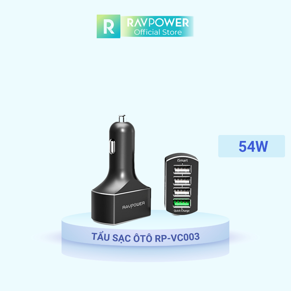 Tẩu sạc RAVPower RP-VC003, 4 cổng USB, 54W, sạc nhanh QC3.0