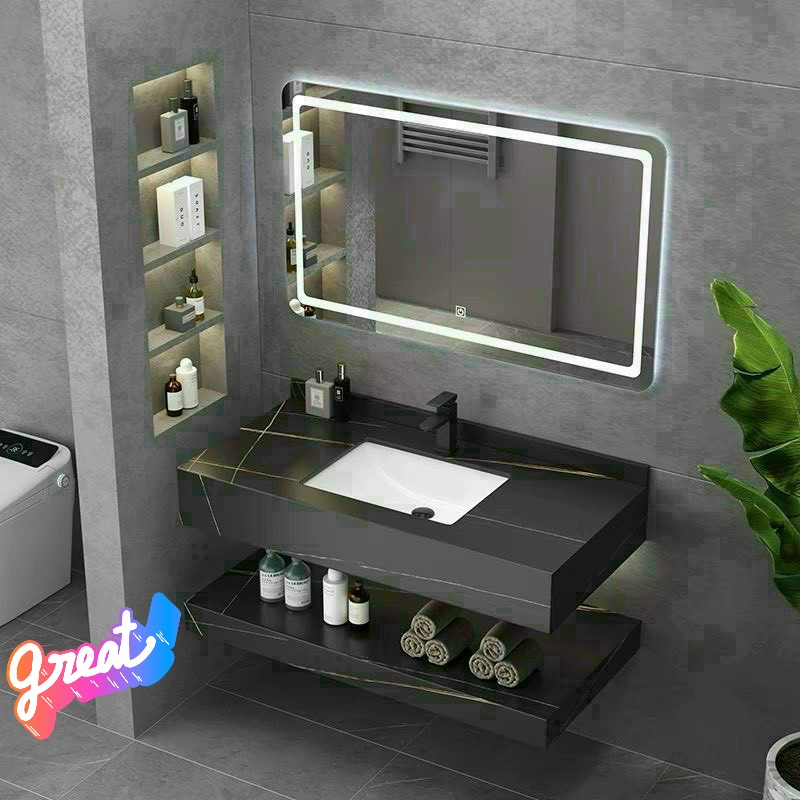 Combo bàn đá 2 tầng lavabo âm + kèm gương led cảm ứng, kích thước 80cmx50cm (không bao gồm vòi và xả lavabo)