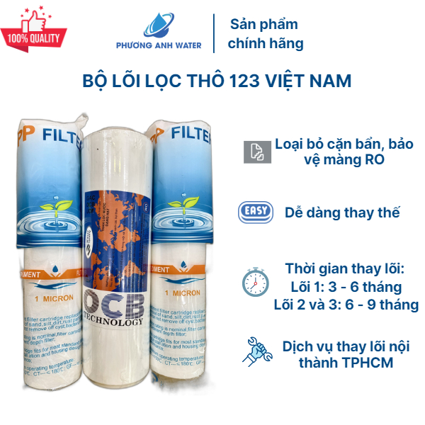 Bộ lõi lọc thô 123 thương hiệu Việt Nam giá rẻ dành cho máy lọc nước, dùng để lọc cặn, rỉ sét