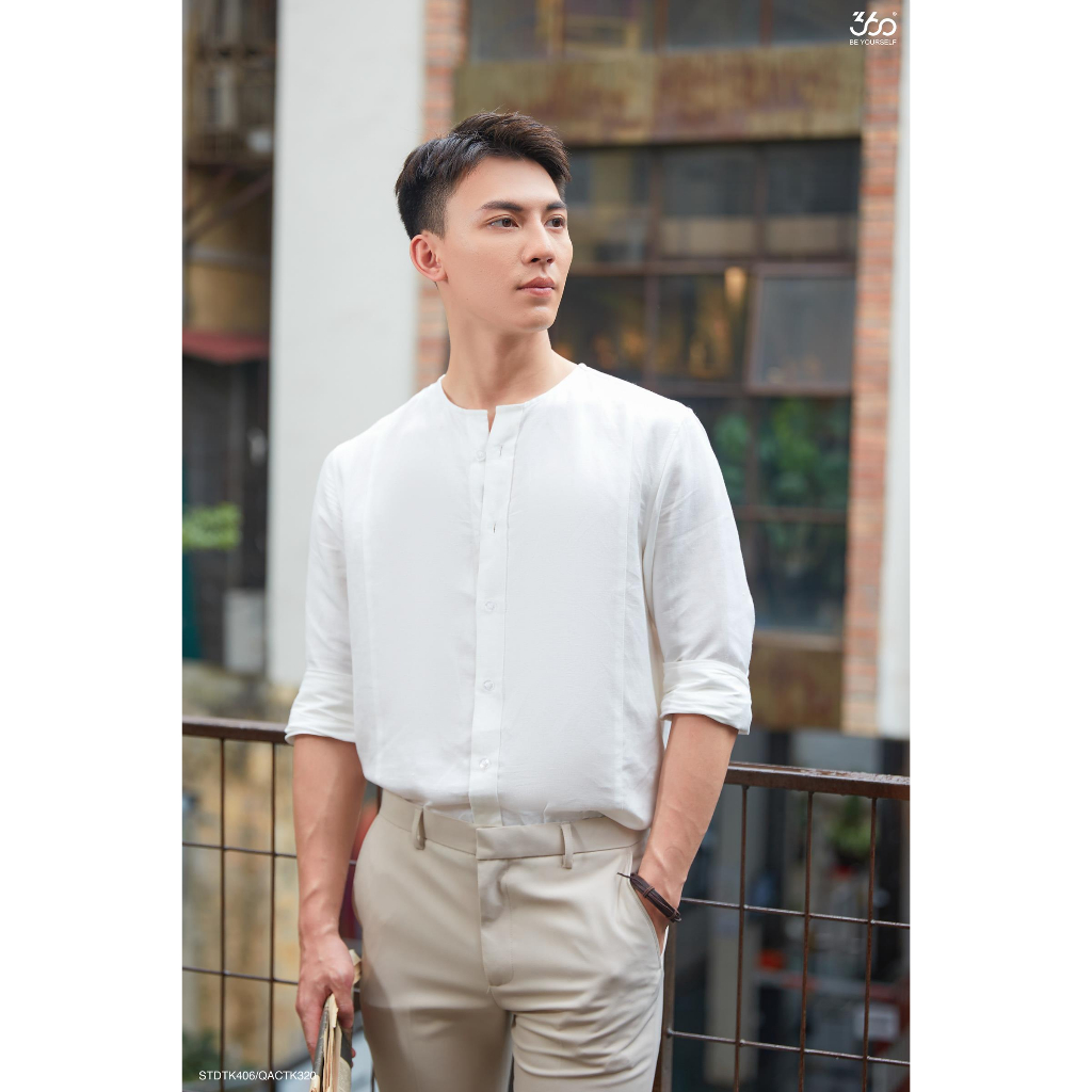 Áo sơ mi dài tay không cổ thương hiệu thời trang nam 360 Boutique chất liệu linen cao cấp - STDTK406