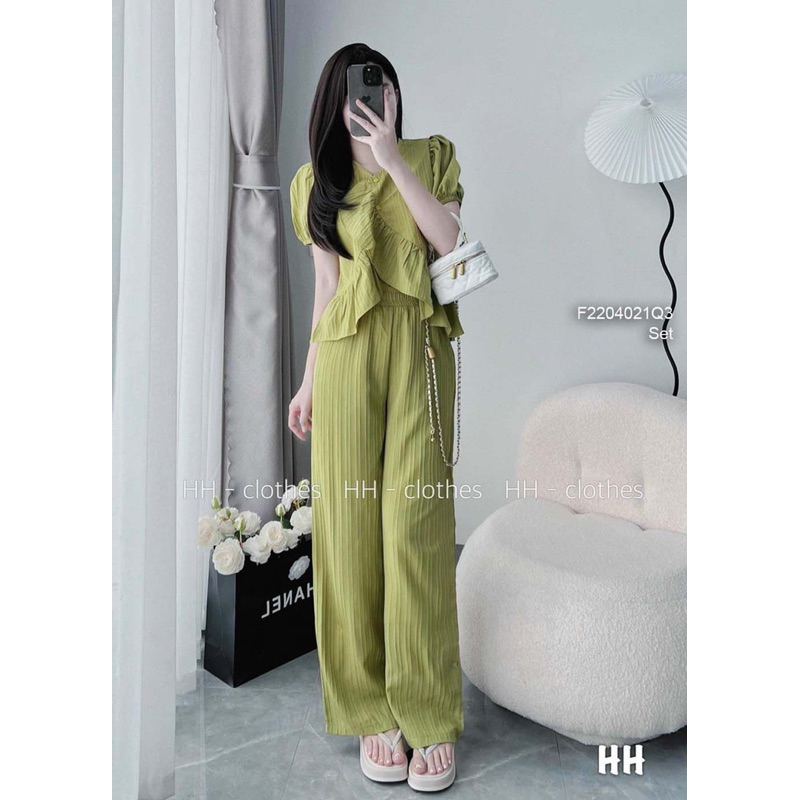 Set bộ áo kiểu phối bèo đắp chéo kèm quần ống suông sang trọng VIENS STORE