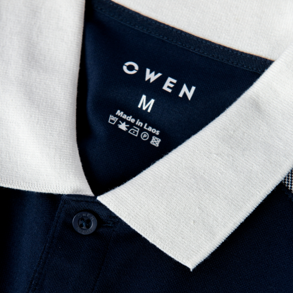 Áo thun nam có cổ bẻ polo OWEN APT231409 phông ngắn tay cao cấp dáng body fit màu navy vai viền vải cotton mềm mát