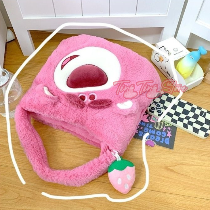 Túi xách gấu dâu có khóa kéo dễ thương kèm charm trái dâu mẫu mới _ Ting Ting