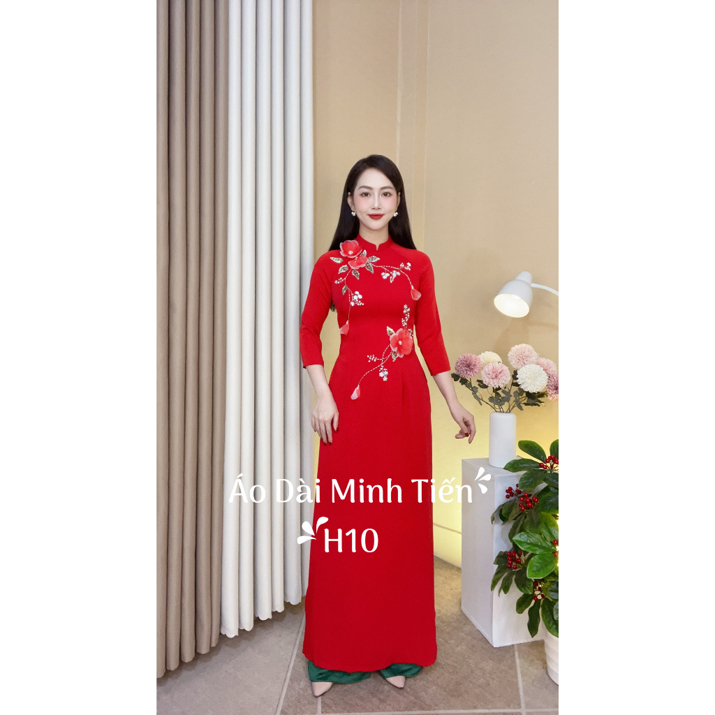 Áo Dài Lụa Mỹ Cao Cấp Họa Tiết Thêu Đính Thủ Công Tỉ Mỉ - Mã H10
