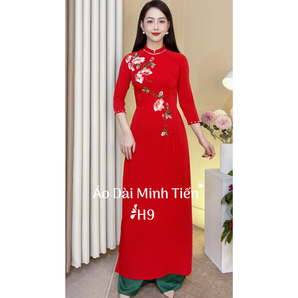 Áo Dài Lụa Mỹ Cao Cấp Họa Tiết Thêu Đính Thủ Công Tỉ Mỉ - Mã H9