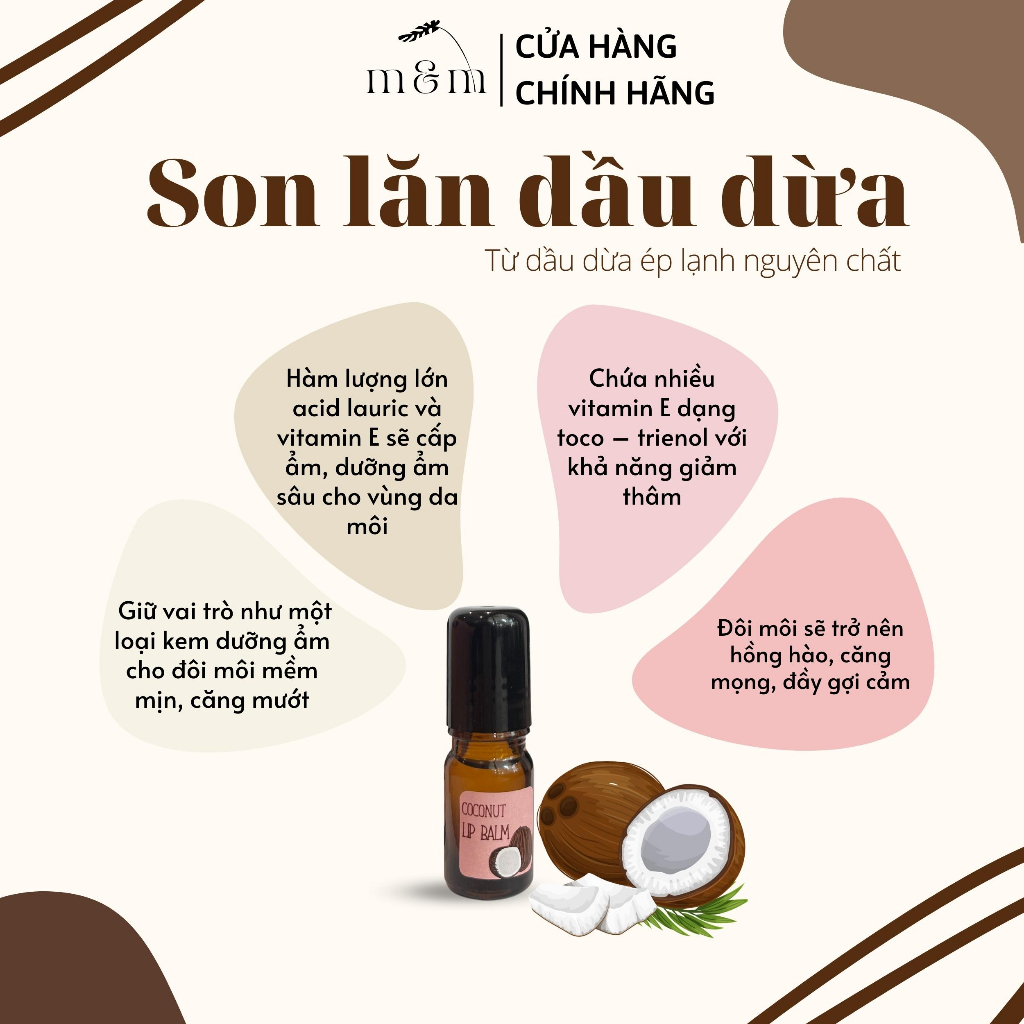 Son Dưỡng Dạng Lăn Chuyên Dùng Cho Môi Khô Nứt Nẻ, Thâm, Bợt Màu, Nhợt Nhạt Từ Dầu Dừa Và Dầu Oliu Ép Lạnh Nguyên Chất