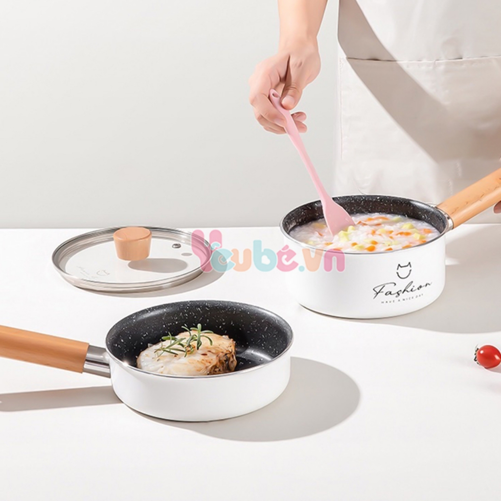 Bộ nồi chảo ăn dặm nấu cháo quấy bột kèm xửng hấp YEUBEVN trơn, chống dính