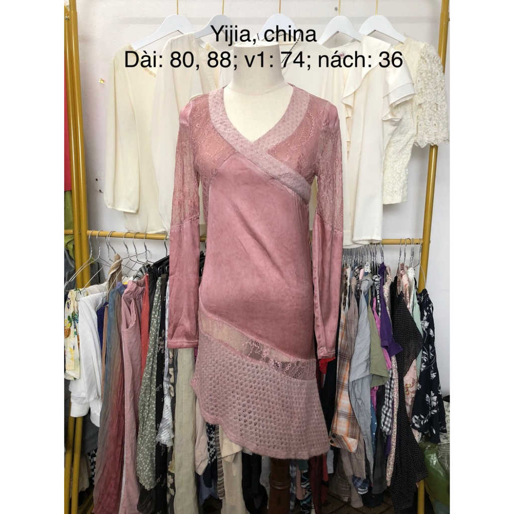 Đầm si tuyển 2hand dài tay, vải thun hồng phối ren và len móc