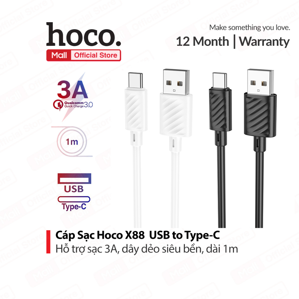 Cáp sạc Hoco X88 hỗ trợ sạc 3A USB to TYPE-C dùng cho Android dây dẻo siêu bền dài 1M