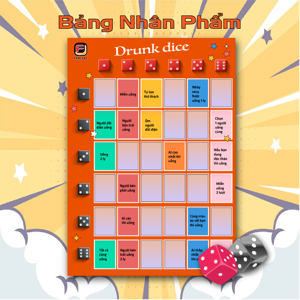 Bảng nhân phẩm 36 thử thách Drunk Dice, FENG LEE boardgame, drinking game vui nhộn cho cuộc vui bùng nổ