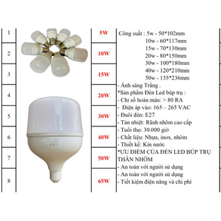 Đèn led bulb trụ 5w 10w 15w 20w 30w 40w 50w 65w
