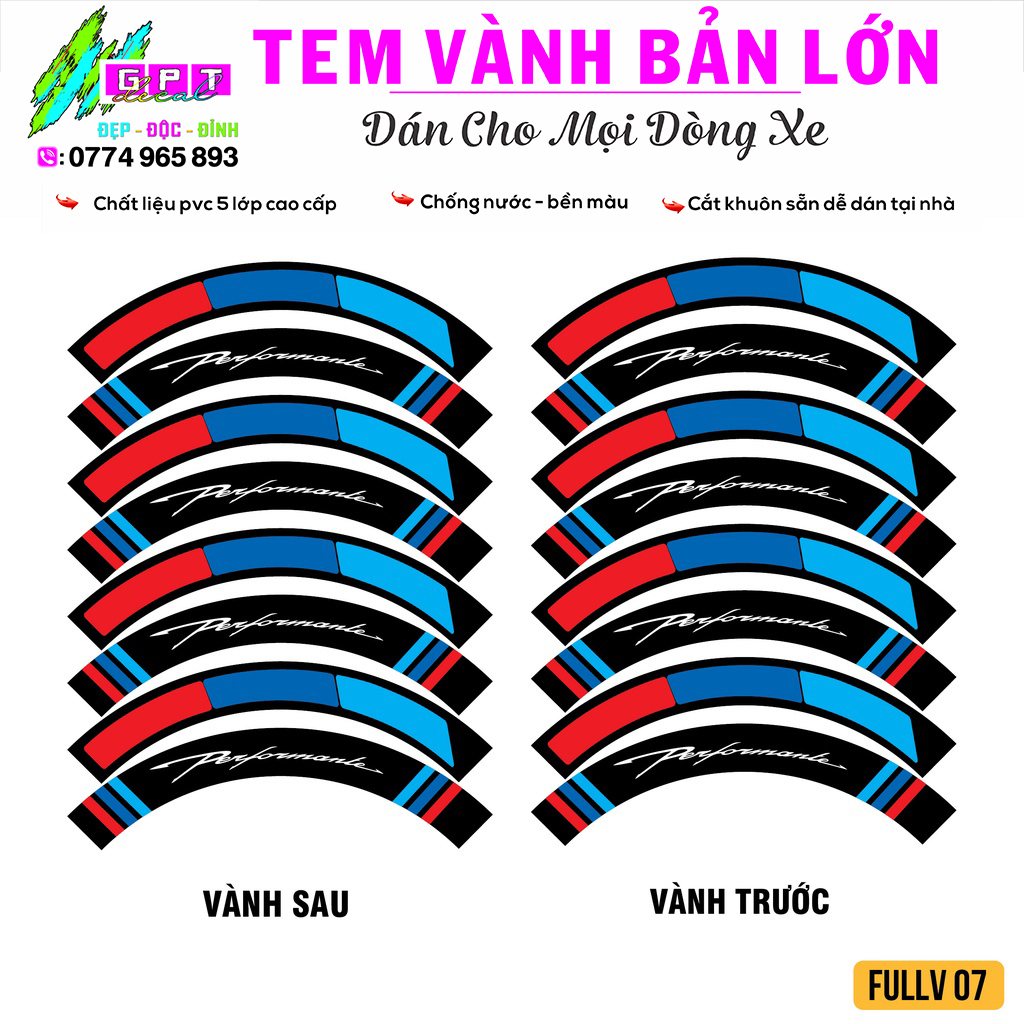 Tem Dán Mâm, Vành Bản Full Mẫu Performance I07I Decal Dán Mâm Vành Chất Liệu Tốt Cán Màng Bảo Vệ Chống Nước Bền Màu