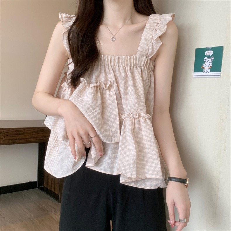 Áo babydoll hai dây vải xốp kẻ ô, Áo 2 dây nữ sát nách mặc mùa hè phối bèo lệch dễ thương DELIZ | BigBuy360 - bigbuy360.vn