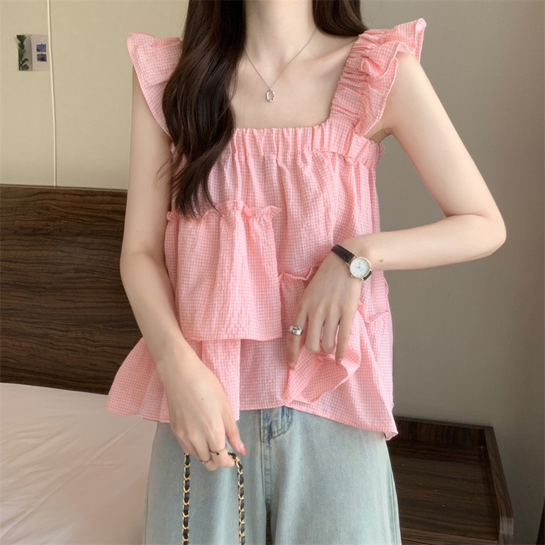 Áo babydoll hai dây vải xốp kẻ ô, Áo 2 dây nữ sát nách mặc mùa hè phối bèo lệch dễ thương DELIZ | BigBuy360 - bigbuy360.vn