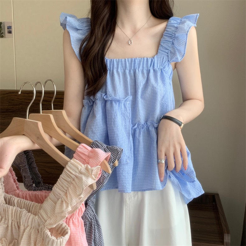 Áo babydoll hai dây vải xốp kẻ ô, Áo 2 dây nữ sát nách mặc mùa hè phối bèo lệch dễ thương DELIZ | BigBuy360 - bigbuy360.vn