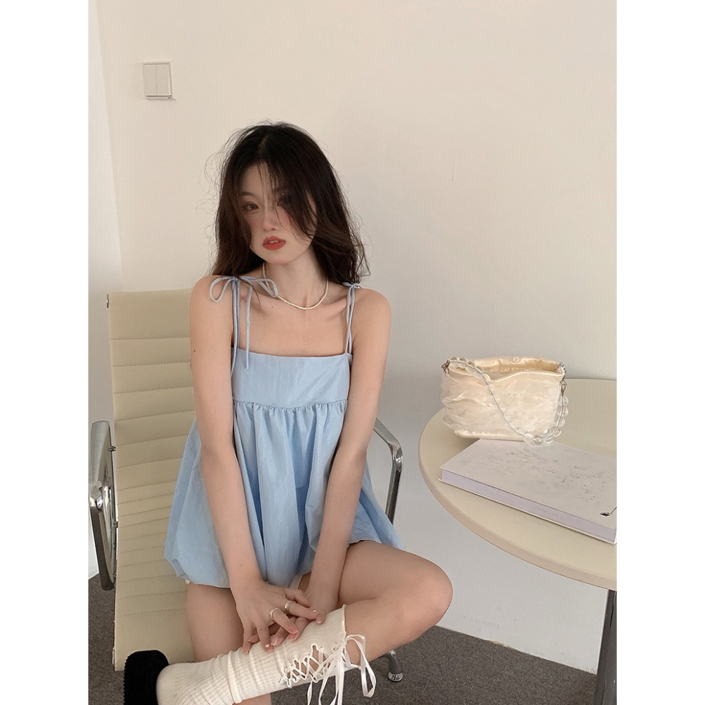 Babydoll áo nữ kiểu 2 dây xếp ly điệu đà, Áo hai dây babydol cánh tiên hàn quốc màu trắng, xanh DELIZ | BigBuy360 - bigbuy360.vn