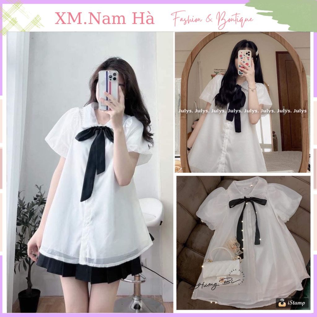 Áo sơ mi nữ vải voan mềm mịn 2 lớp đính nơ,sơ mi nữ tay phồng 2 lớp kute Đi học vừa xinh vừa điệu.
