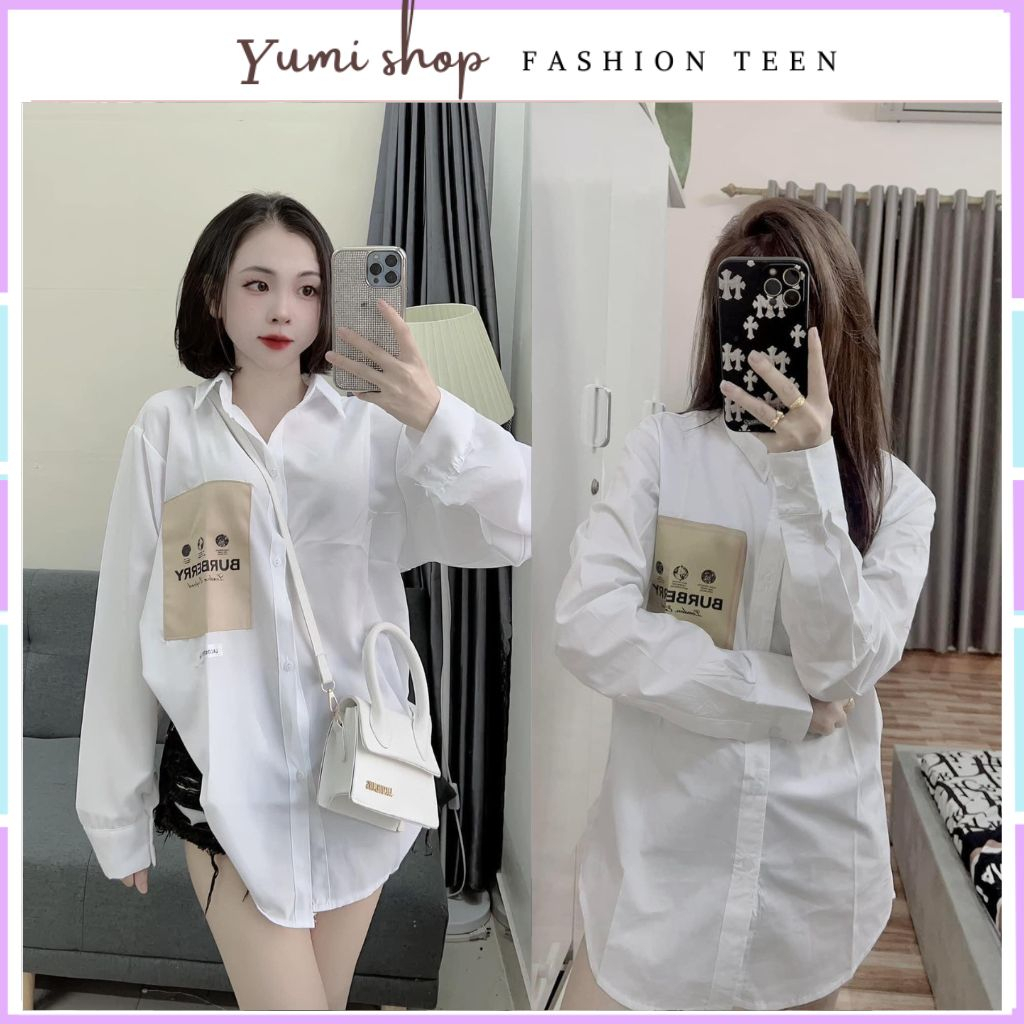 Áo sơ mi trắng unisex phối túi BBR form rộng,sơ mi trắng nữ vải mềm đi học đi làm đều được.
