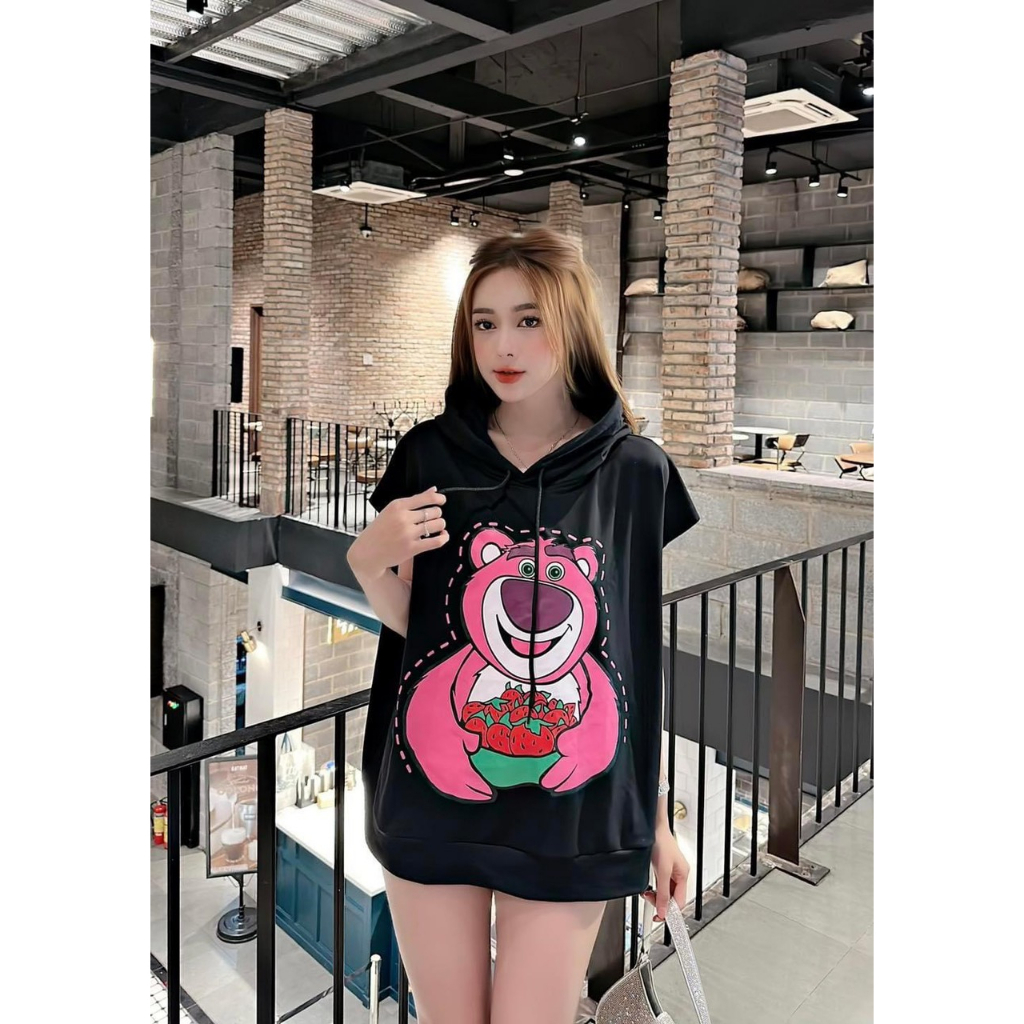 Áo Phông Nón Thun Cotton Giấy From Rộng Ngắn Tay Phối In Hình Gâu Hồng Dễ Thương TTSA2073