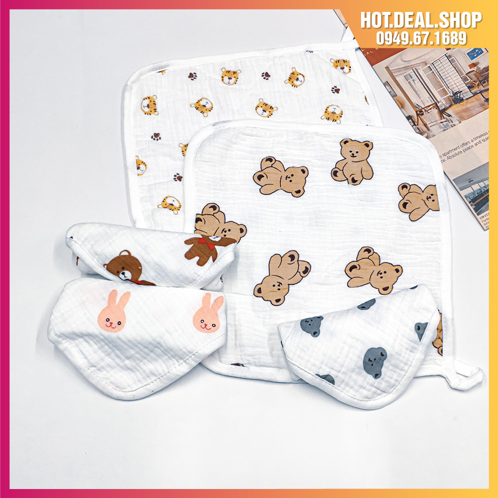Khăn mặt cho bé vải xô muslin mềm mại, size 25cm x 25cm có móc treo, khăn xô sữa cao cấp 4 lớp cho bé thấm hút tốt