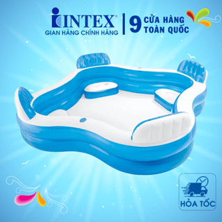Hồ bơi cho bé Intex 56475, bể phao người lớn dài 2m29 có thể chơi 4-5 bé hình vuông có ghế, bảo hành 12 tháng
